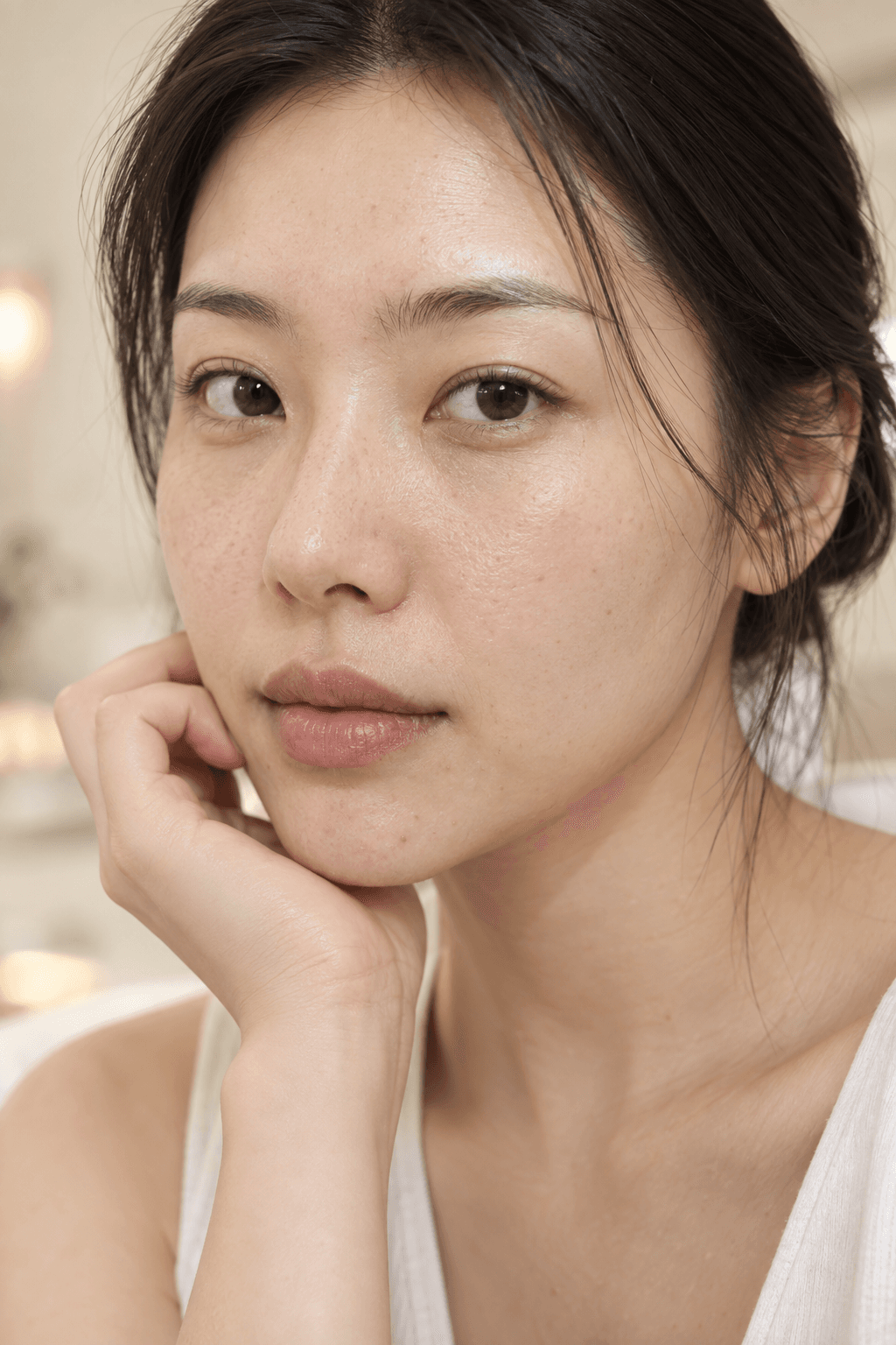 亞洲女性自然臉部近拍，可見鼻翼、臉頰與下巴的真實肌膚紋理