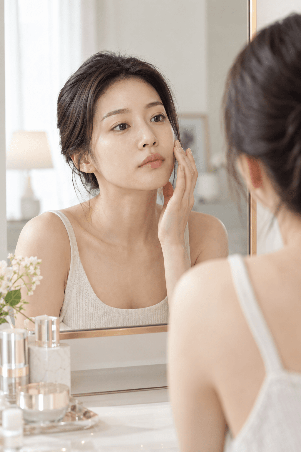 亞洲女性在自然光下照鏡子觀察自己的膚況