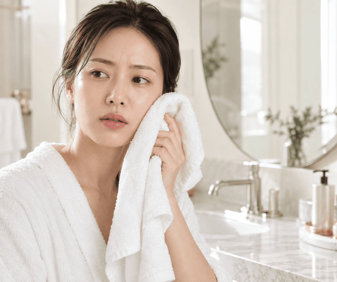 女性洗完臉後在浴室用乾淨毛巾輕按臉頰