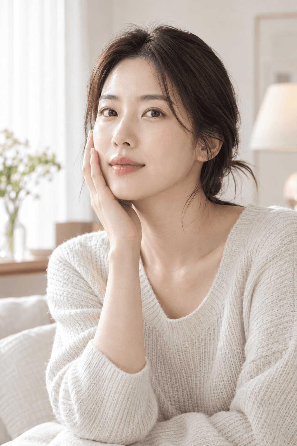 穿著柔軟針織上衣的亞洲女性輕觸臉頰